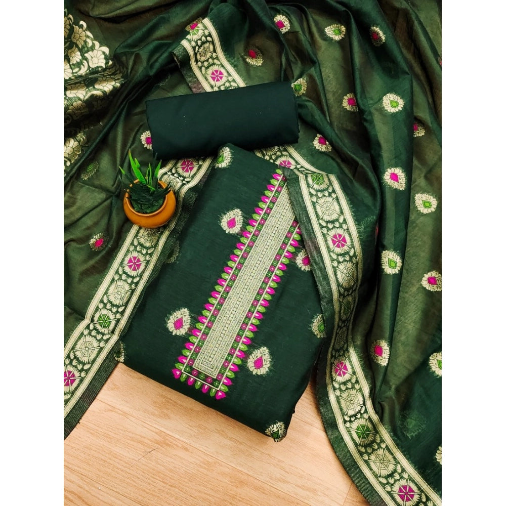 Women's Banarasi Silk Printed Unstitched Salwar Suit Material With Dupatta (Bottle Green, 3Mtrs)