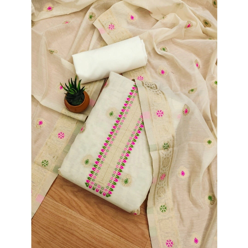 Women's Banarasi Silk Printed Unstitched Salwar Suit Material With Dupatta (White, 3Mtrs)