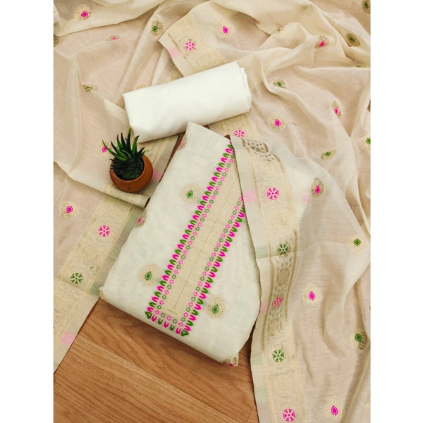 Women's Banarasi Silk Printed Unstitched Salwar Suit Material With Dupatta (White, 3Mtrs)