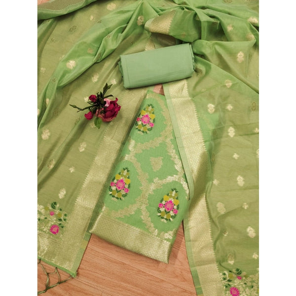 Women's Banarasi Silk Printed Unstitched Salwar Suit Material With Dupatta (Pista, 3Mtrs)
