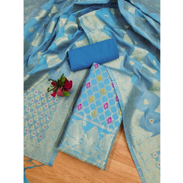 Women's Banarasi Silk Printed Unstitched Salwar Suit Material With Dupatta (Sky Blue, 3Mtrs)