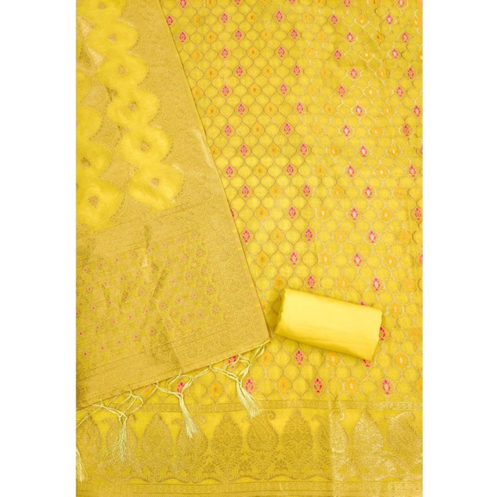 Women's Banarasi Silk Printed Unstitched Salwar Suit Material With Dupatta (Yellow, 3Mtrs)