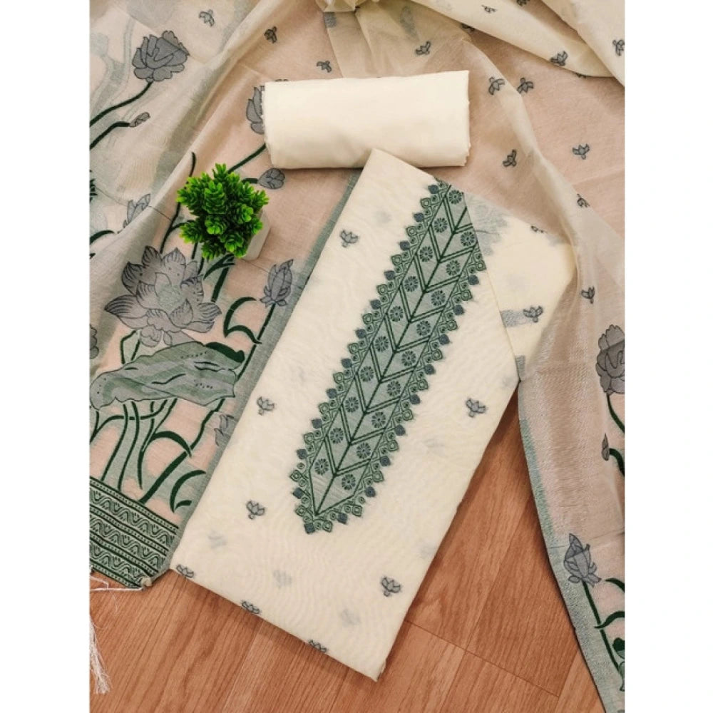 Women's Banarasi Silk Printed Unstitched Salwar Suit Material With Dupatta (OffWhite, 3Mtrs)