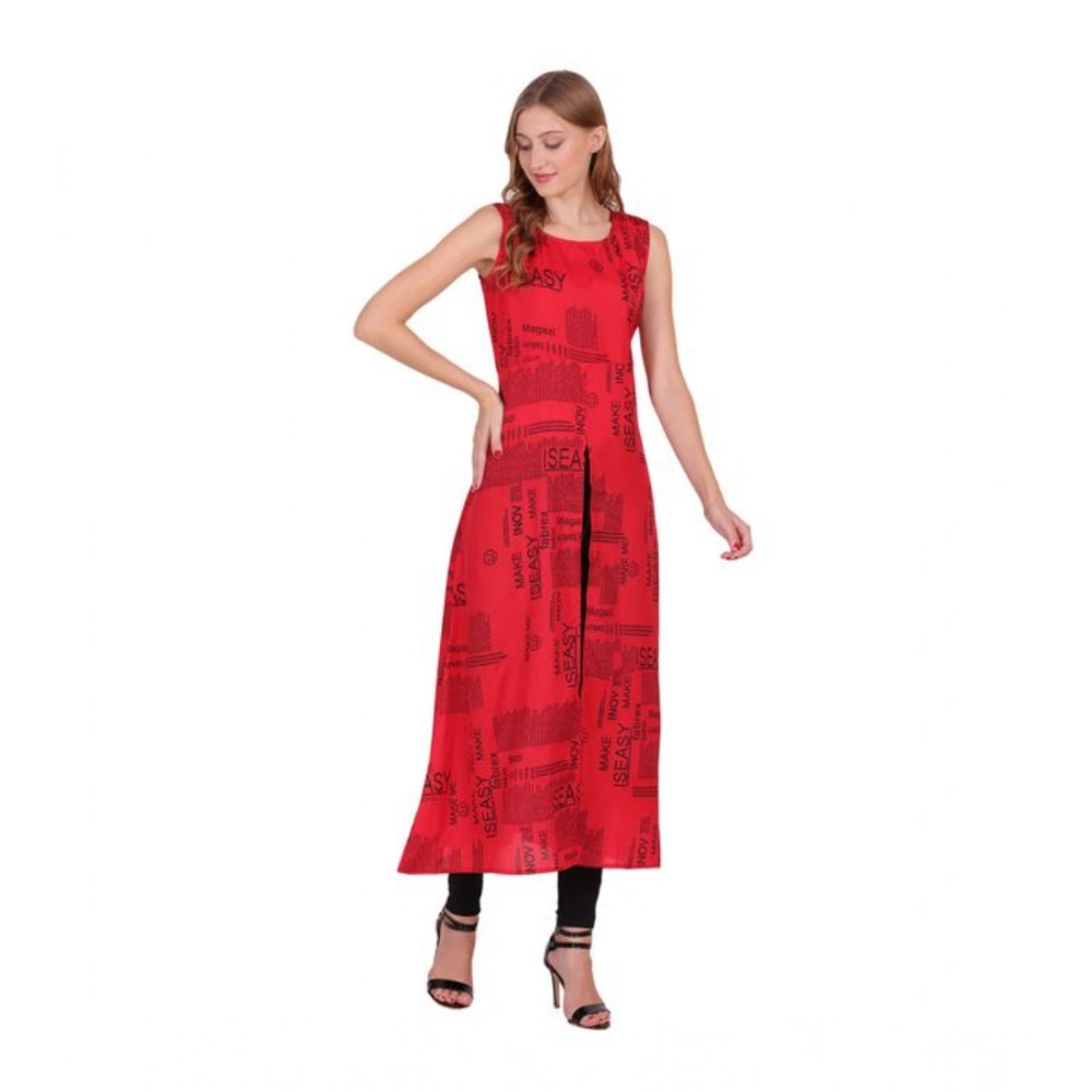 Women's Casual Crepe Sleeveless Slit Dress (Red)