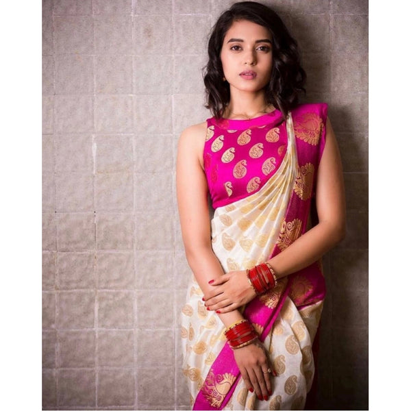 Women's Soft Lichi Silk Printed Saree With Unstitched Blouse 5.5Mtr (White)