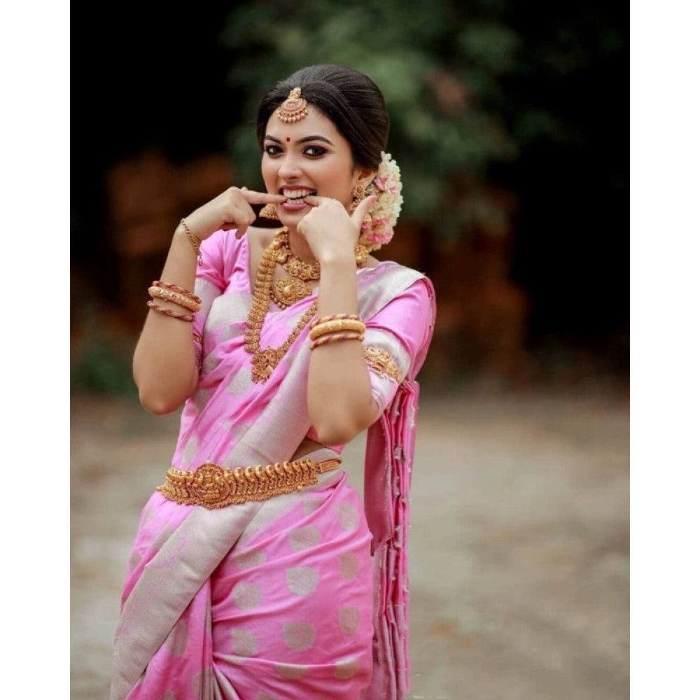 Women's Soft Lichi Silk Printed Saree With Unstitched Blouse 5.5Mtr (Pink)