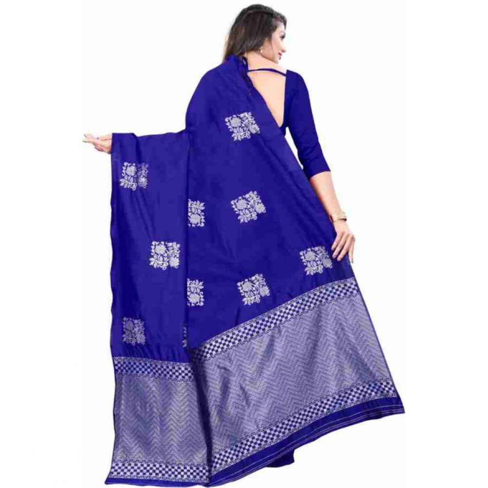 Women's Soft Lichi Silk Printed Saree With Unstitched Blouse 5.5Mtr (Royal-Blue)