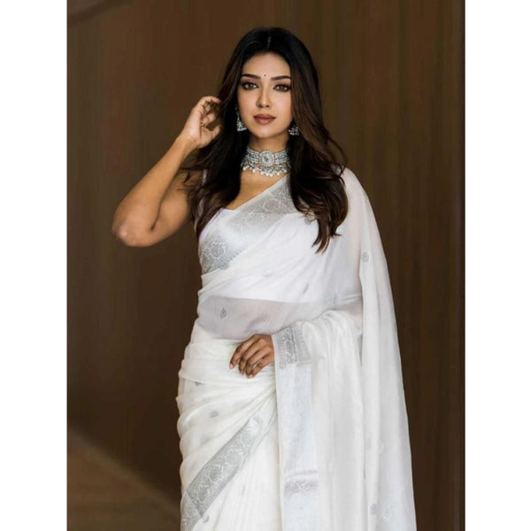 Women's Soft Lichi Silk Printed Saree With Unstitched Blouse 5.5Mtr (White)