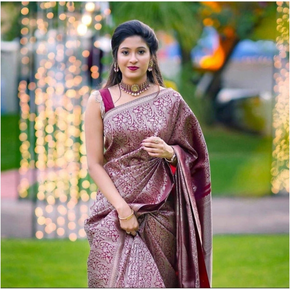 Women's Soft Lichi Silk Printed Saree With Unstitched Blouse 5.5Mtr (Wine)