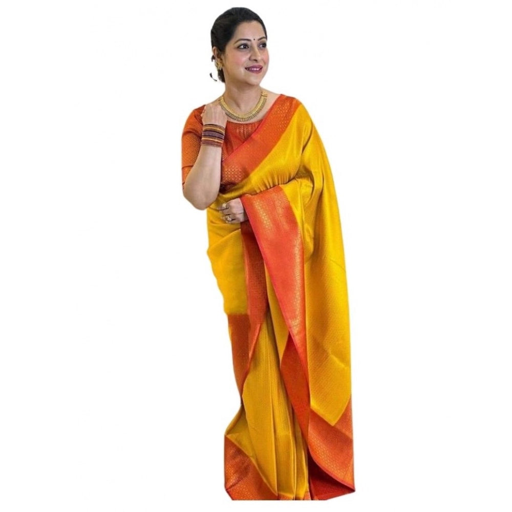 Women's Soft Lichi Silk Printed Saree With Unstitched Blouse 5.5Mtr (Mustard  )