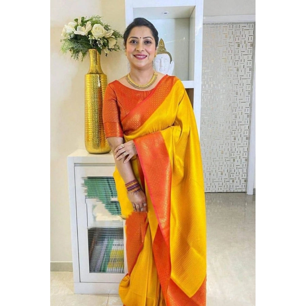 Women's Soft Lichi Silk Printed Saree With Unstitched Blouse 5.5Mtr (Mustard  )