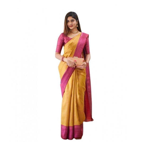 Women's Soft Lichi Silk Printed Saree With Unstitched Blouse 5.5Mtr (Mustard  )