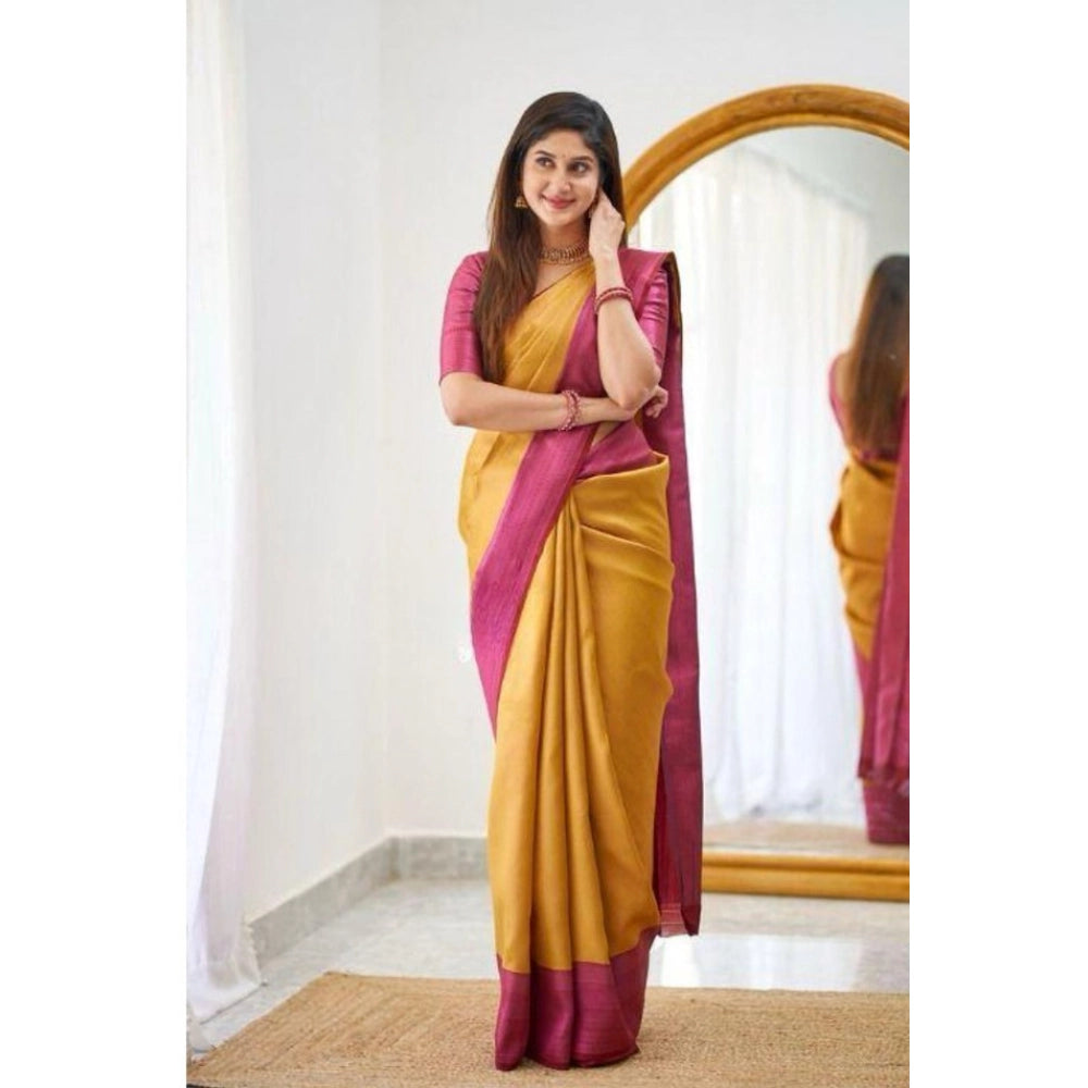 Women's Soft Lichi Silk Printed Saree With Unstitched Blouse 5.5Mtr (Mustard  )