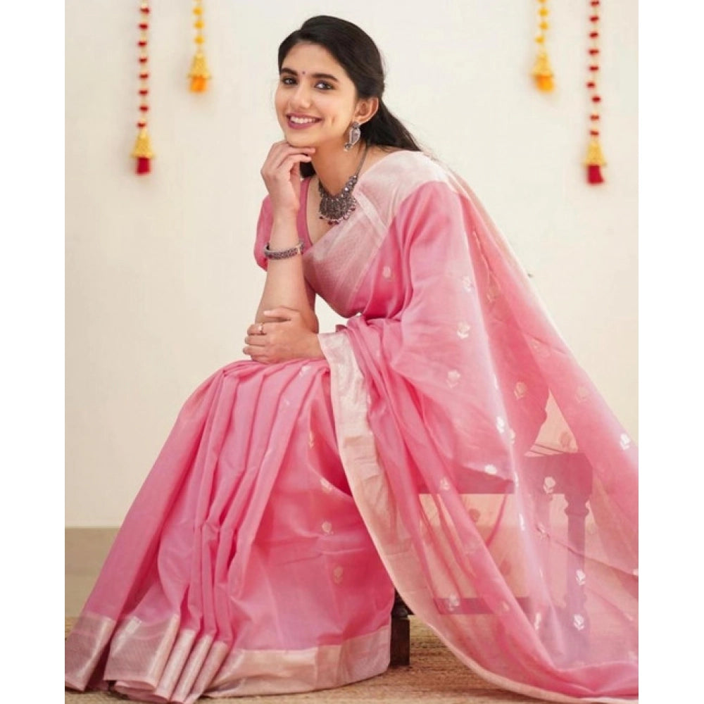 Women's Soft Lichi Silk Printed Saree With Unstitched Blouse 5.5Mtr (Pink)