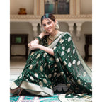 Women's Soft Lichi Silk Printed Saree With Unstitched Blouse 5.5Mtr (Green)