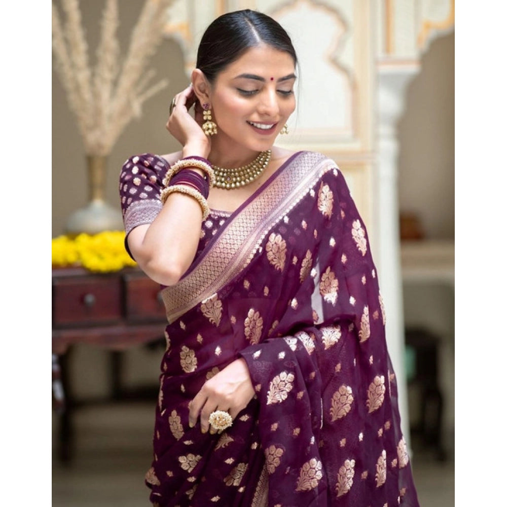 Women's Soft Lichi Silk Printed Saree With Unstitched Blouse 5.5Mtr (Purple)