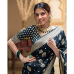 Women's Soft Lichi Silk Printed Saree With Unstitched Blouse 5.5Mtr (Blue)