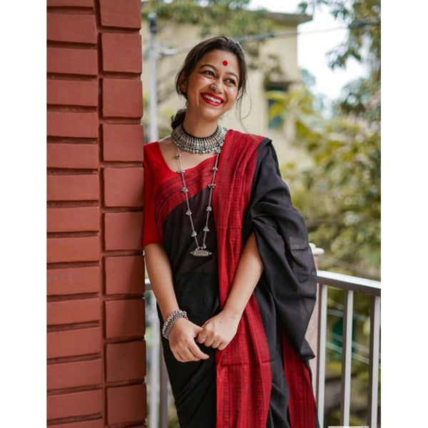 Women's Soft Lilan Printed Saree With Unstitched Blouse 5.5Mtr (Black)