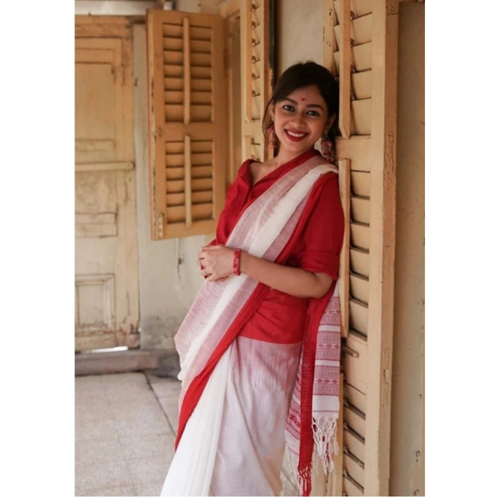 Women's Soft Lilan Printed Saree With Unstitched Blouse 5.5Mtr (White)