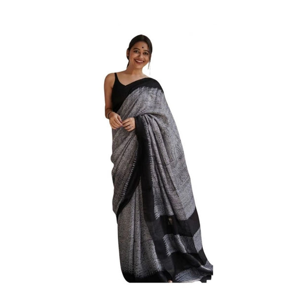 Women's Soft Lilan Printed Saree With Unstitched Blouse 5.5Mtr (Black)