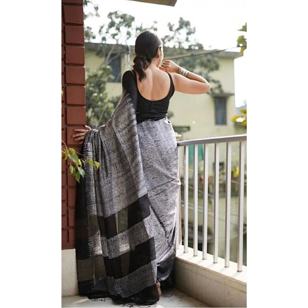 Women's Soft Lilan Printed Saree With Unstitched Blouse 5.5Mtr (Black)