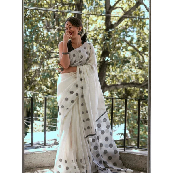Women's Soft Lilan Printed Saree With Unstitched Blouse 5.5Mtr (White)