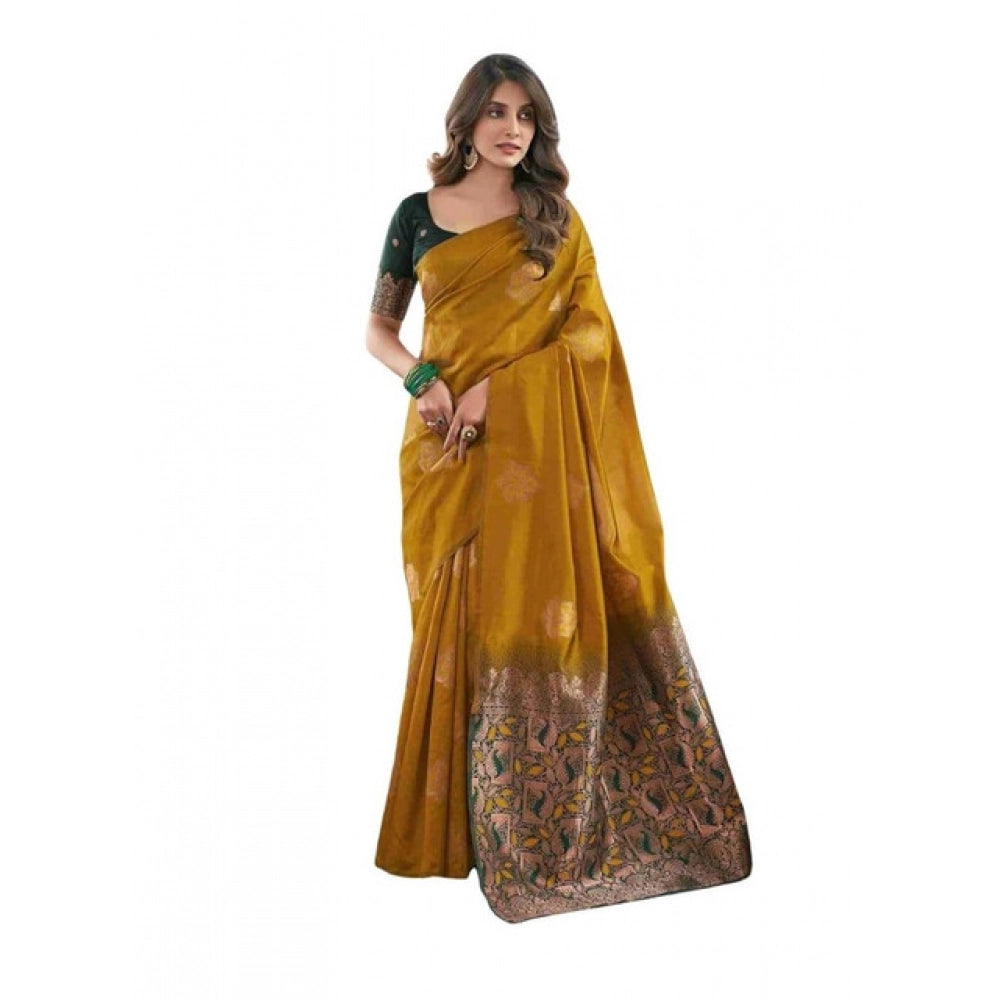 Women's Soft Lichi Silk Printed Saree With Unstitched Blouse 5.5Mtr (Mustard  )