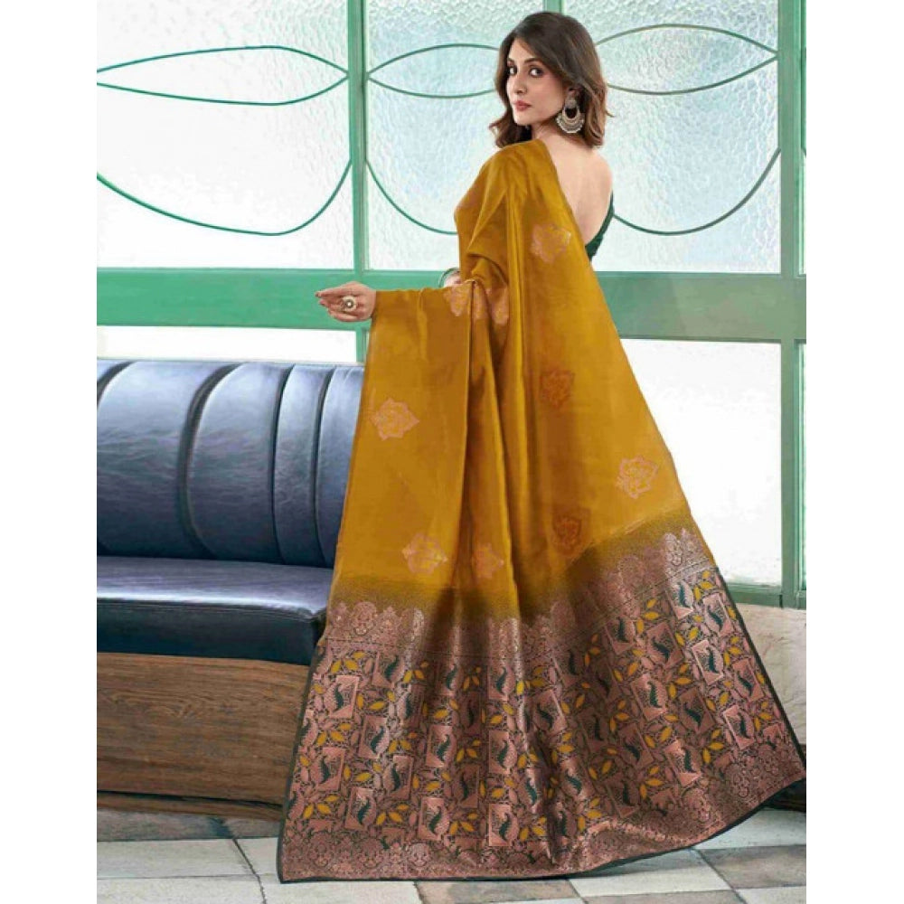 Women's Soft Lichi Silk Printed Saree With Unstitched Blouse 5.5Mtr (Mustard  )