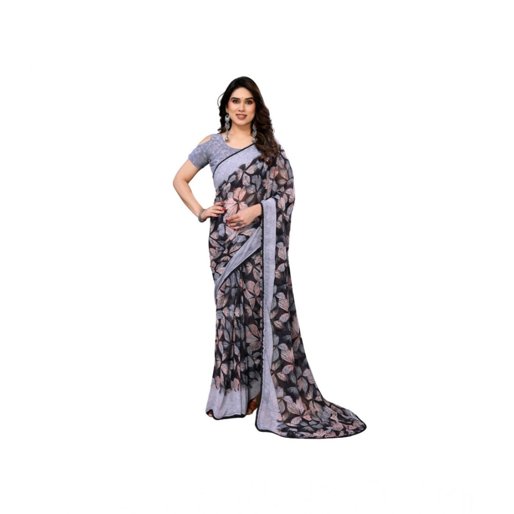 Women's Chiffon Printed Saree With Unstitched Blouse 5.5Mtr  (Grey)