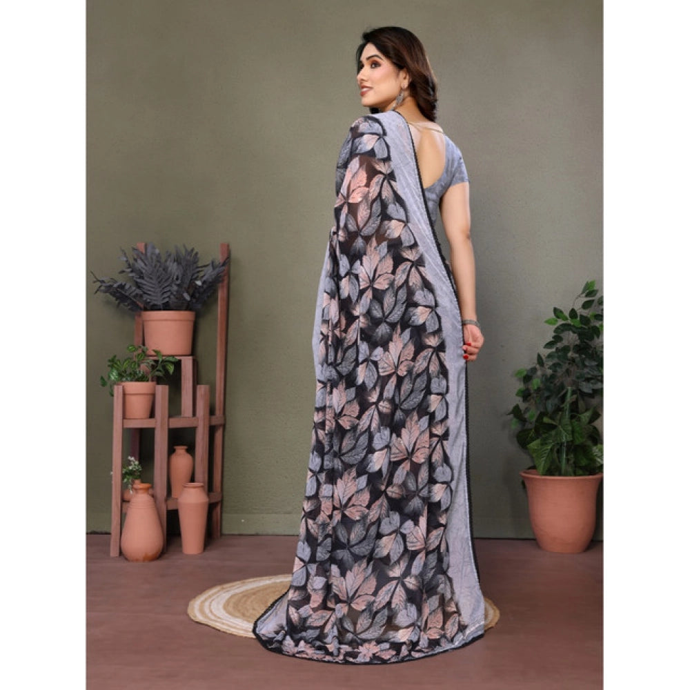 Women's Chiffon Printed Saree With Unstitched Blouse 5.5Mtr  (Grey)