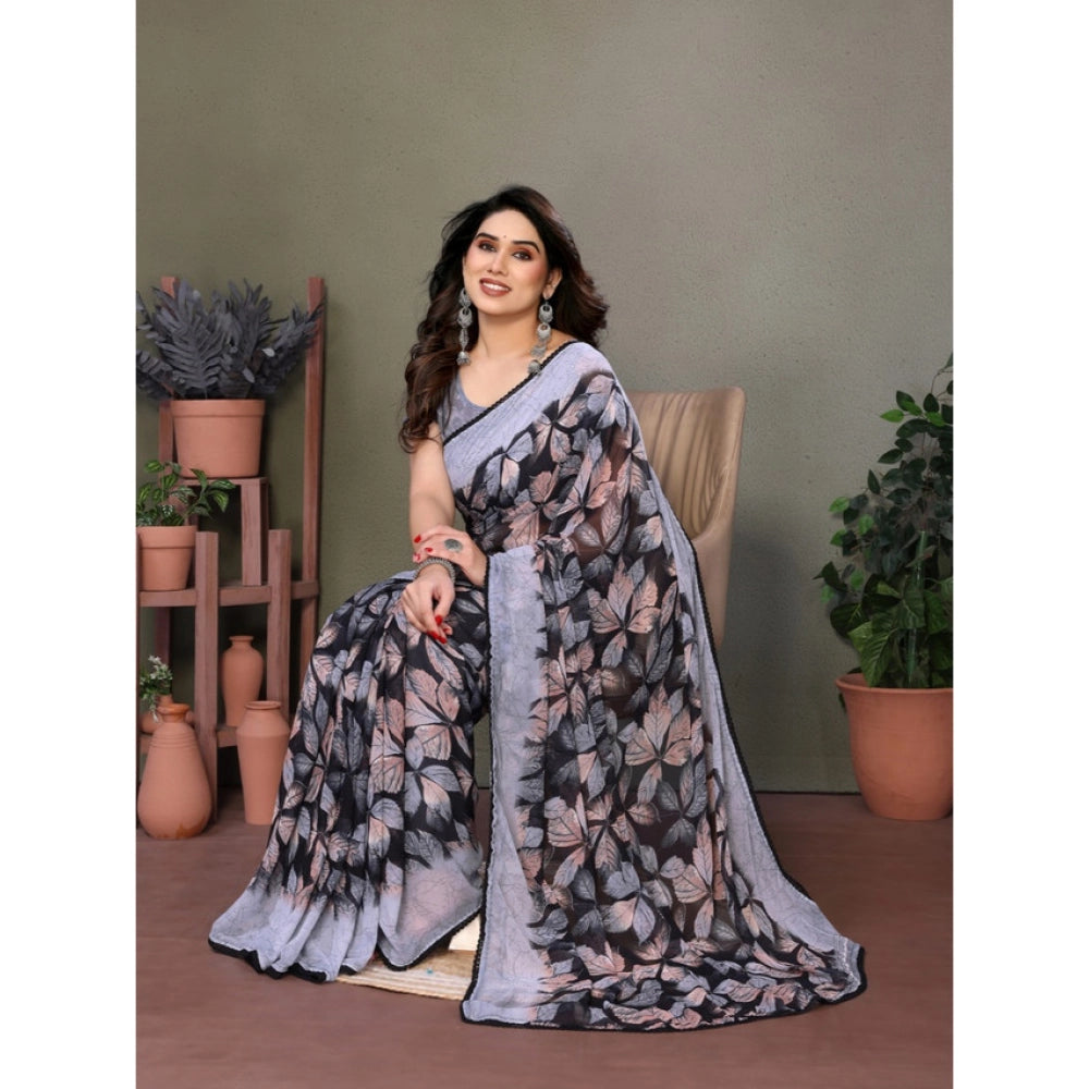 Women's Chiffon Printed Saree With Unstitched Blouse 5.5Mtr  (Grey)