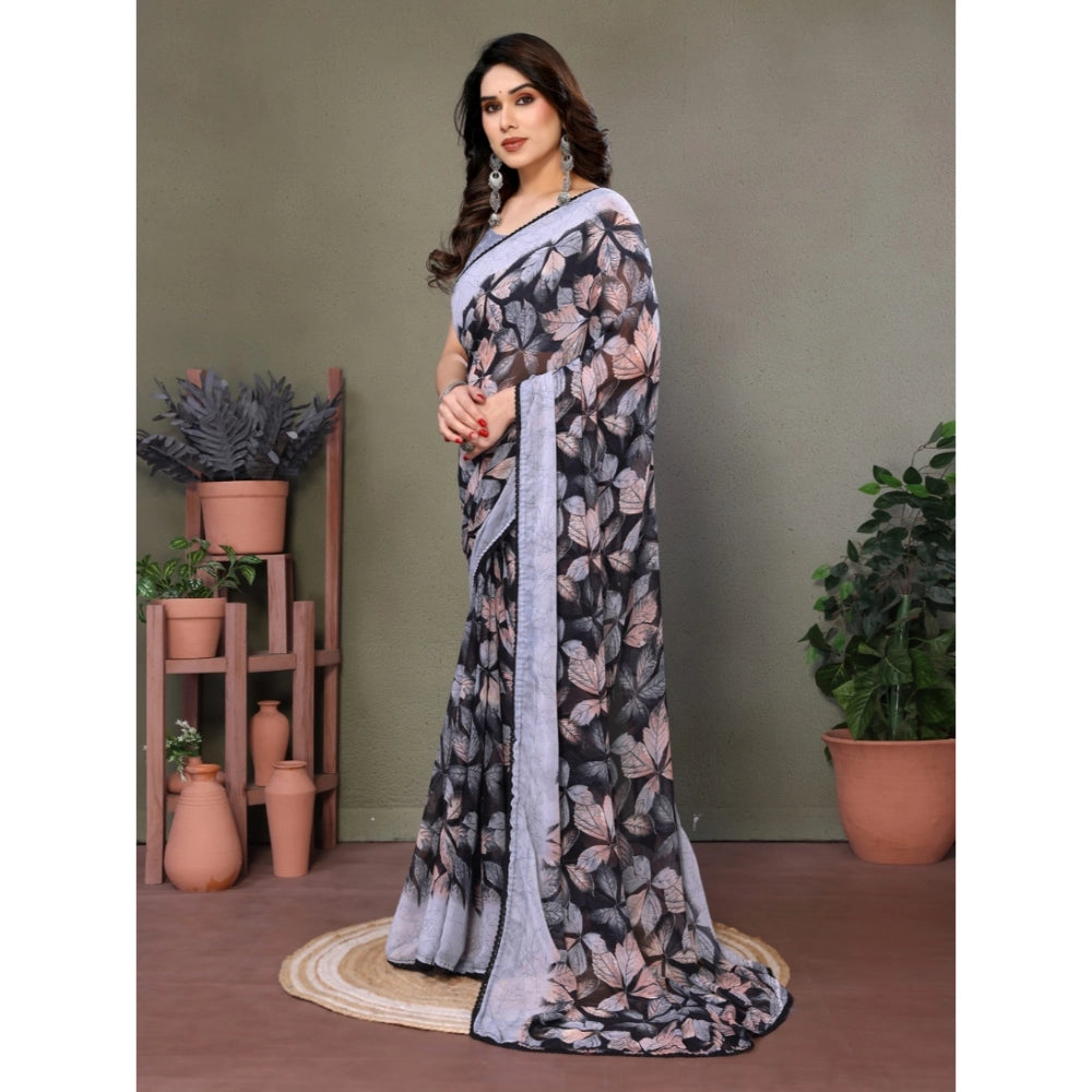 Women's Chiffon Printed Saree With Unstitched Blouse 5.5Mtr  (Grey)
