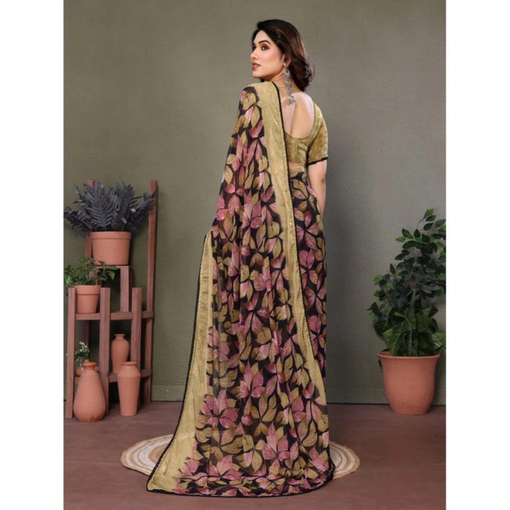Women's Chiffon Printed Saree With Unstitched Blouse 5.5Mtr  (Beige)