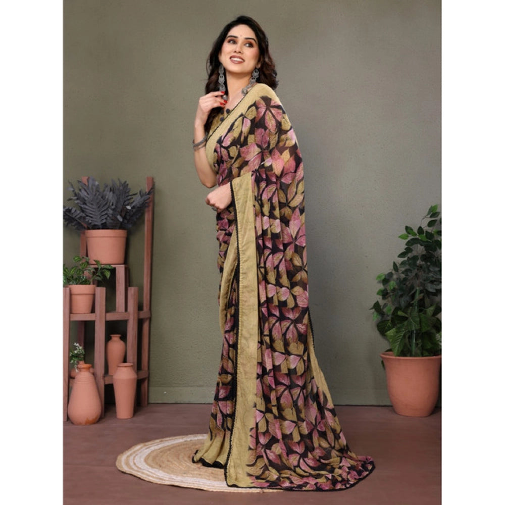 Women's Chiffon Printed Saree With Unstitched Blouse 5.5Mtr  (Beige)