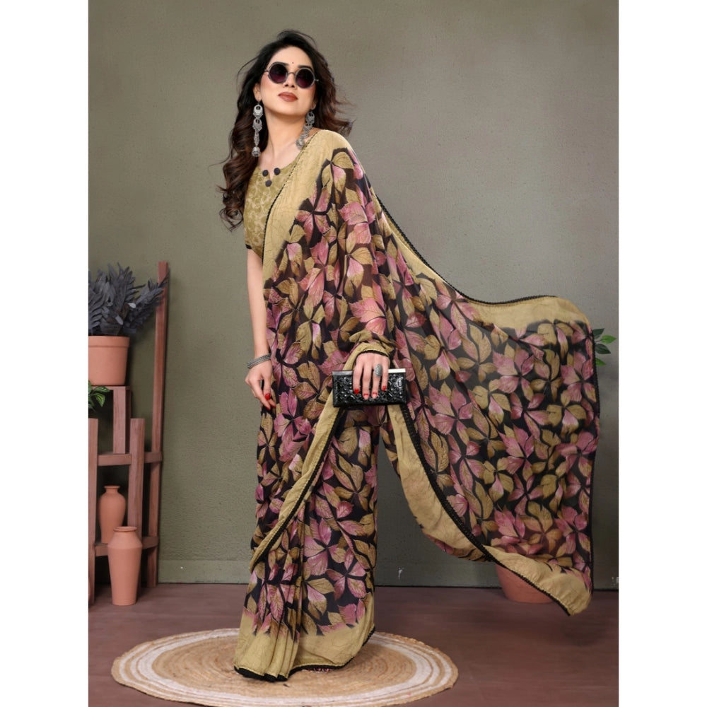 Women's Chiffon Printed Saree With Unstitched Blouse 5.5Mtr  (Beige)