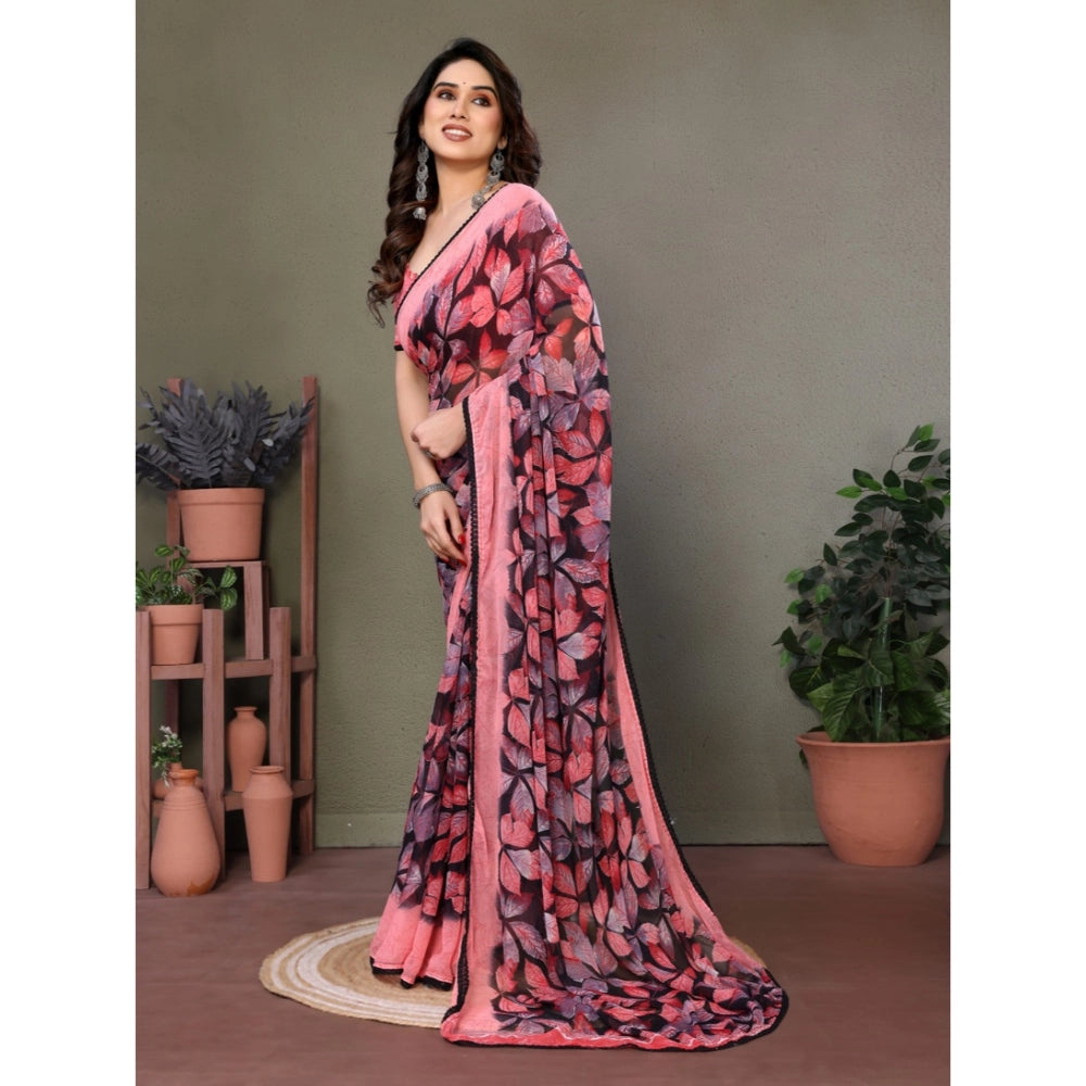 Women's Chiffon Printed Saree With Unstitched Blouse 5.5Mtr  (Pink)