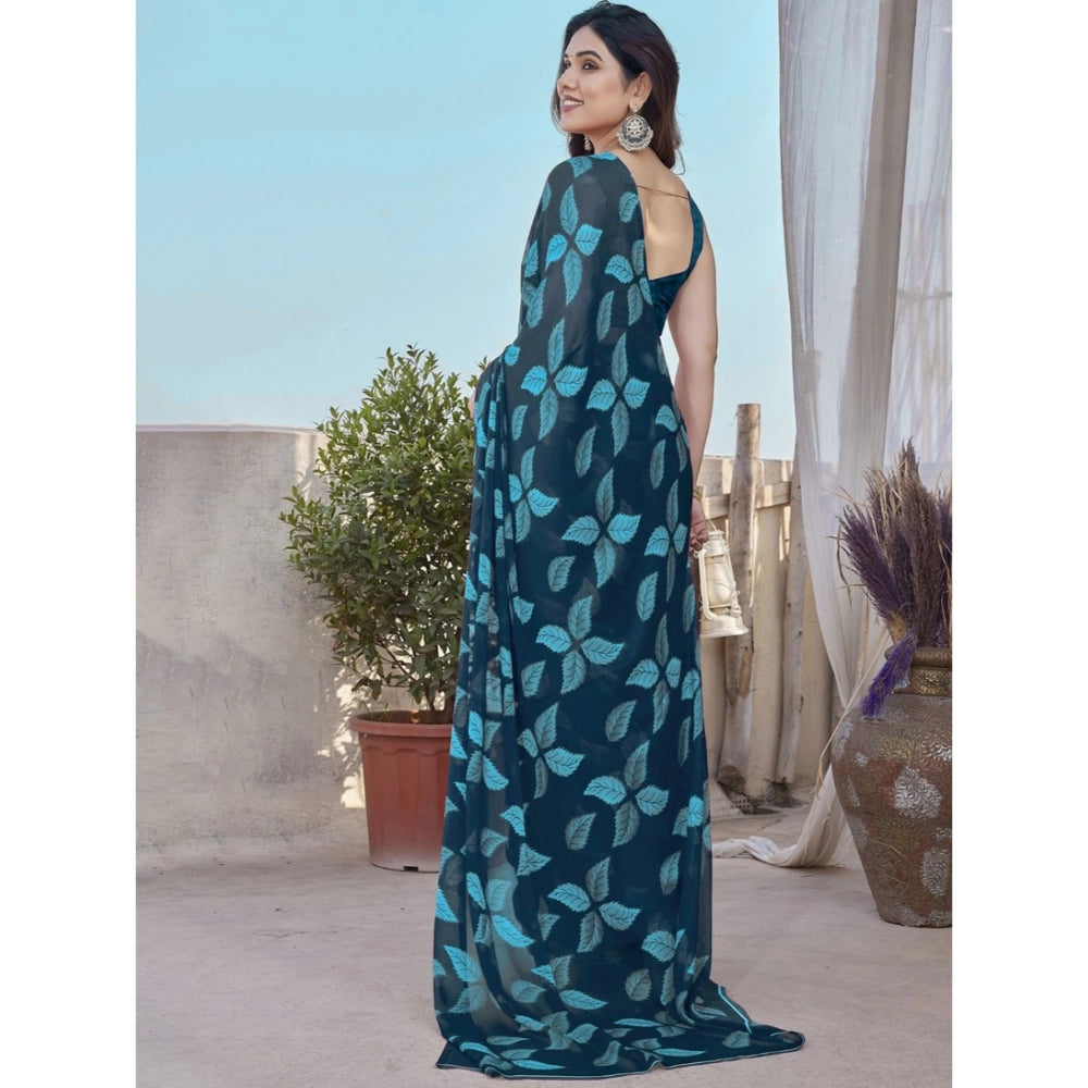 Women's Chiffon Printed Saree With Unstitched Blouse 5.5Mtr  (Blue)
