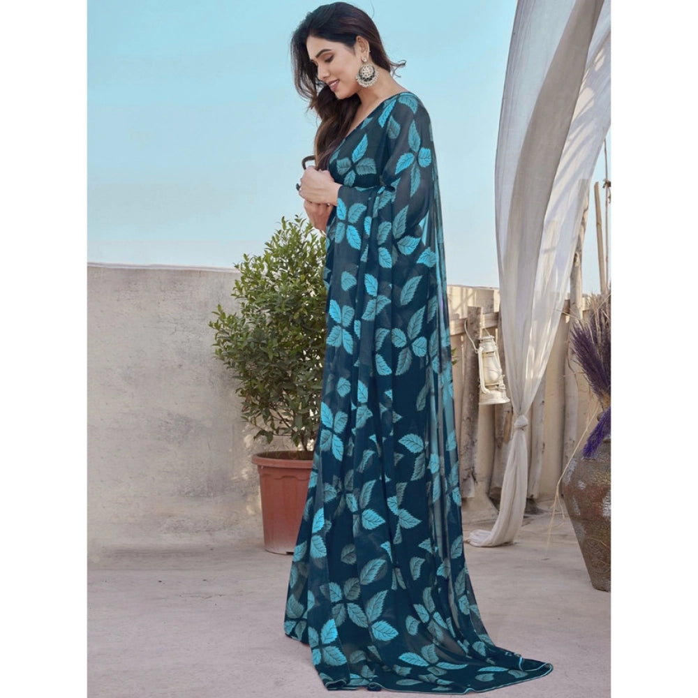 Women's Chiffon Printed Saree With Unstitched Blouse 5.5Mtr  (Blue)
