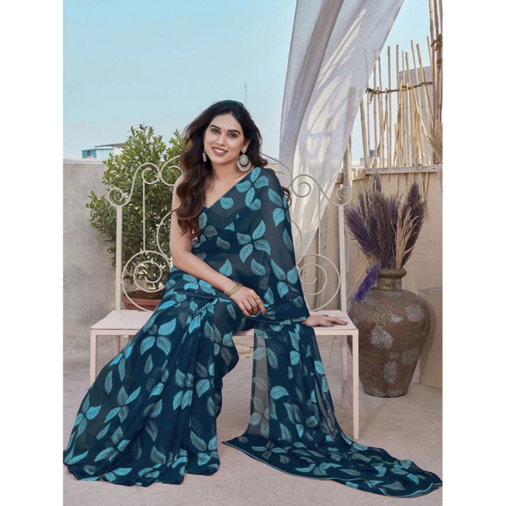 Women's Chiffon Printed Saree With Unstitched Blouse 5.5Mtr  (Blue)