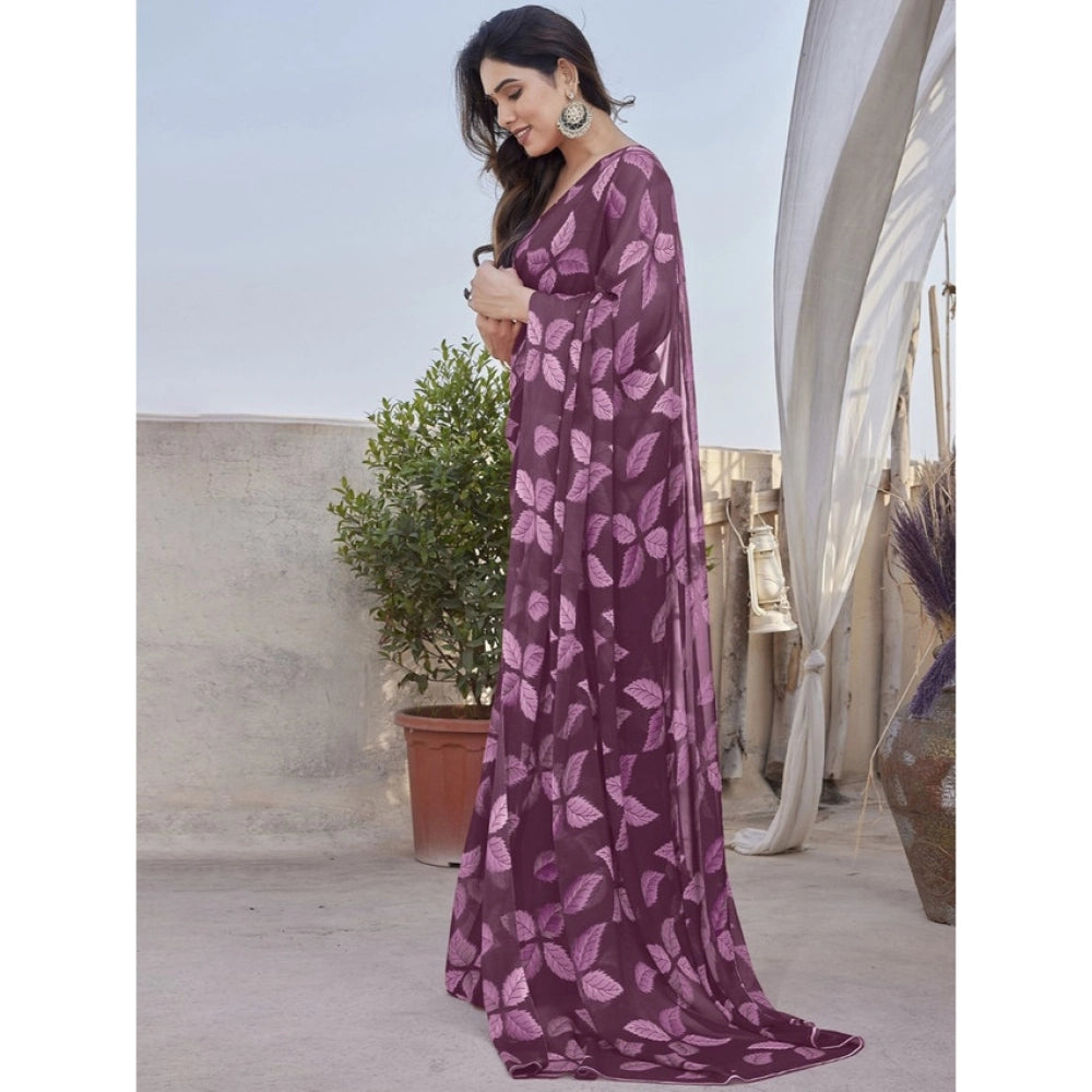Women's Chiffon Printed Saree With Unstitched Blouse 5.5Mtr  (Purple)