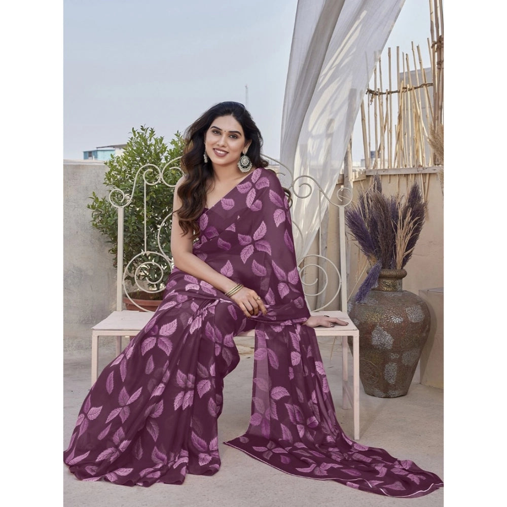 Women's Chiffon Printed Saree With Unstitched Blouse 5.5Mtr  (Purple)