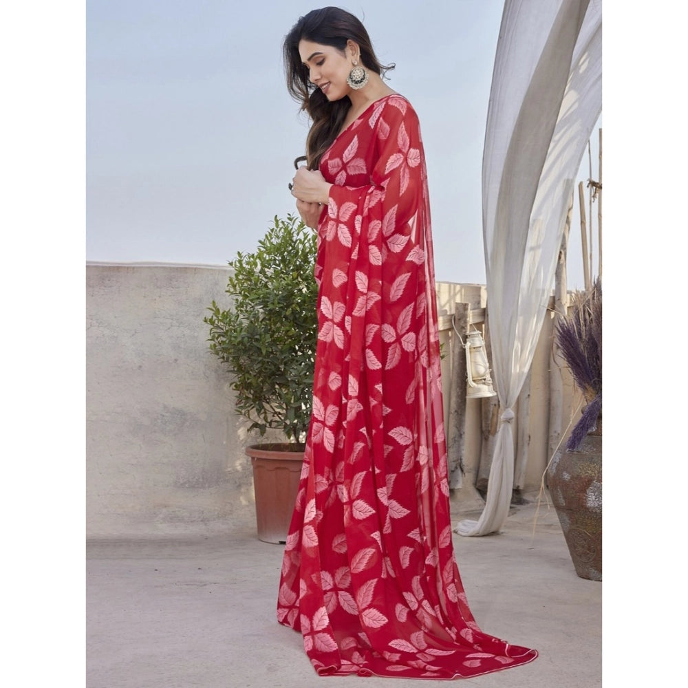 Women's Chiffon Printed Saree With Unstitched Blouse 5.5Mtr  (Red)