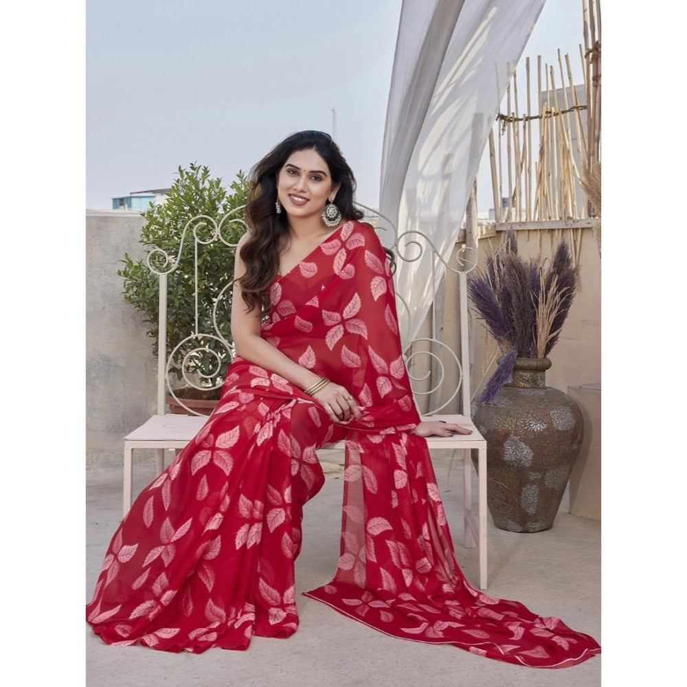 Women's Chiffon Printed Saree With Unstitched Blouse 5.5Mtr  (Red)