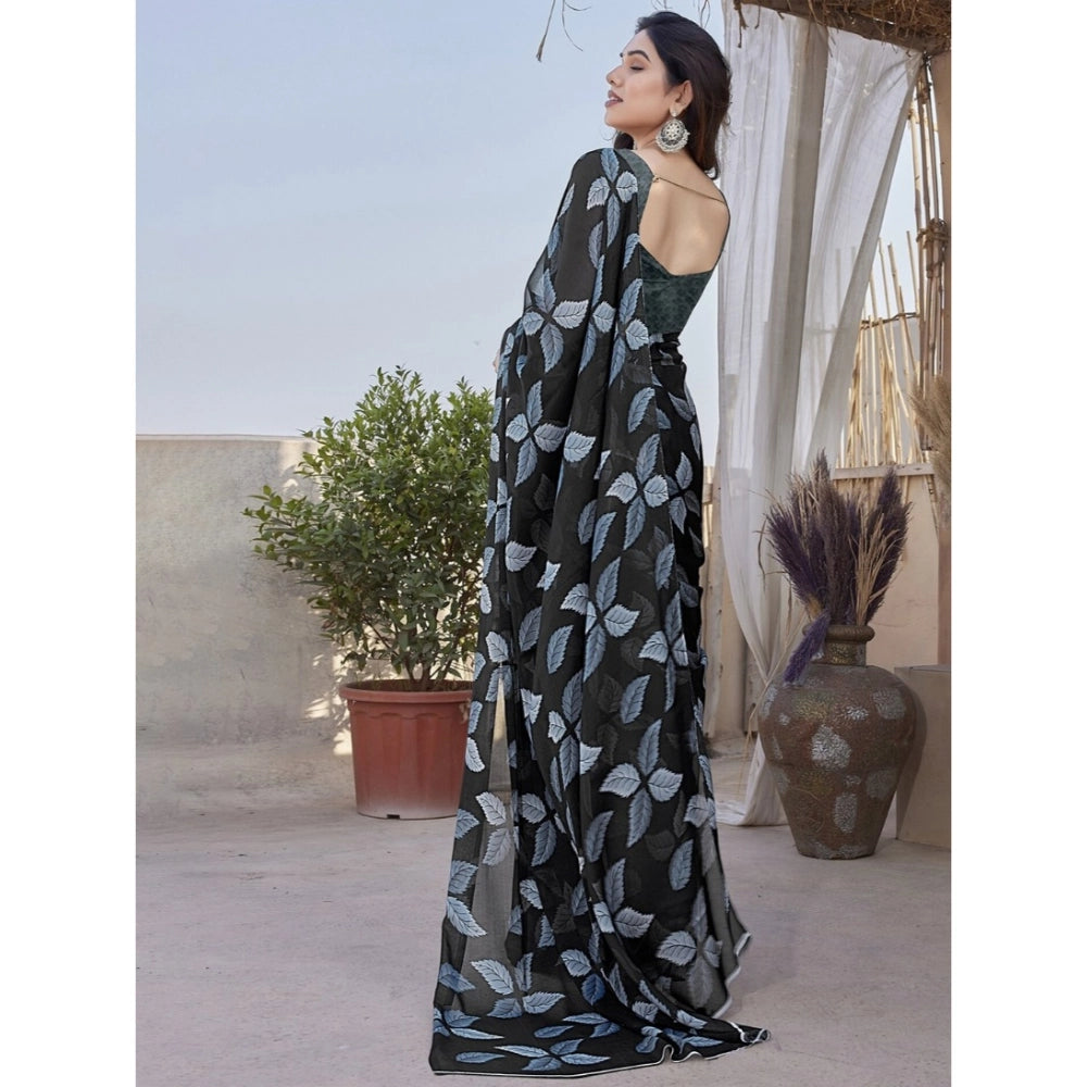 Women's Chiffon Printed Saree With Unstitched Blouse 5.5Mtr  (Black)