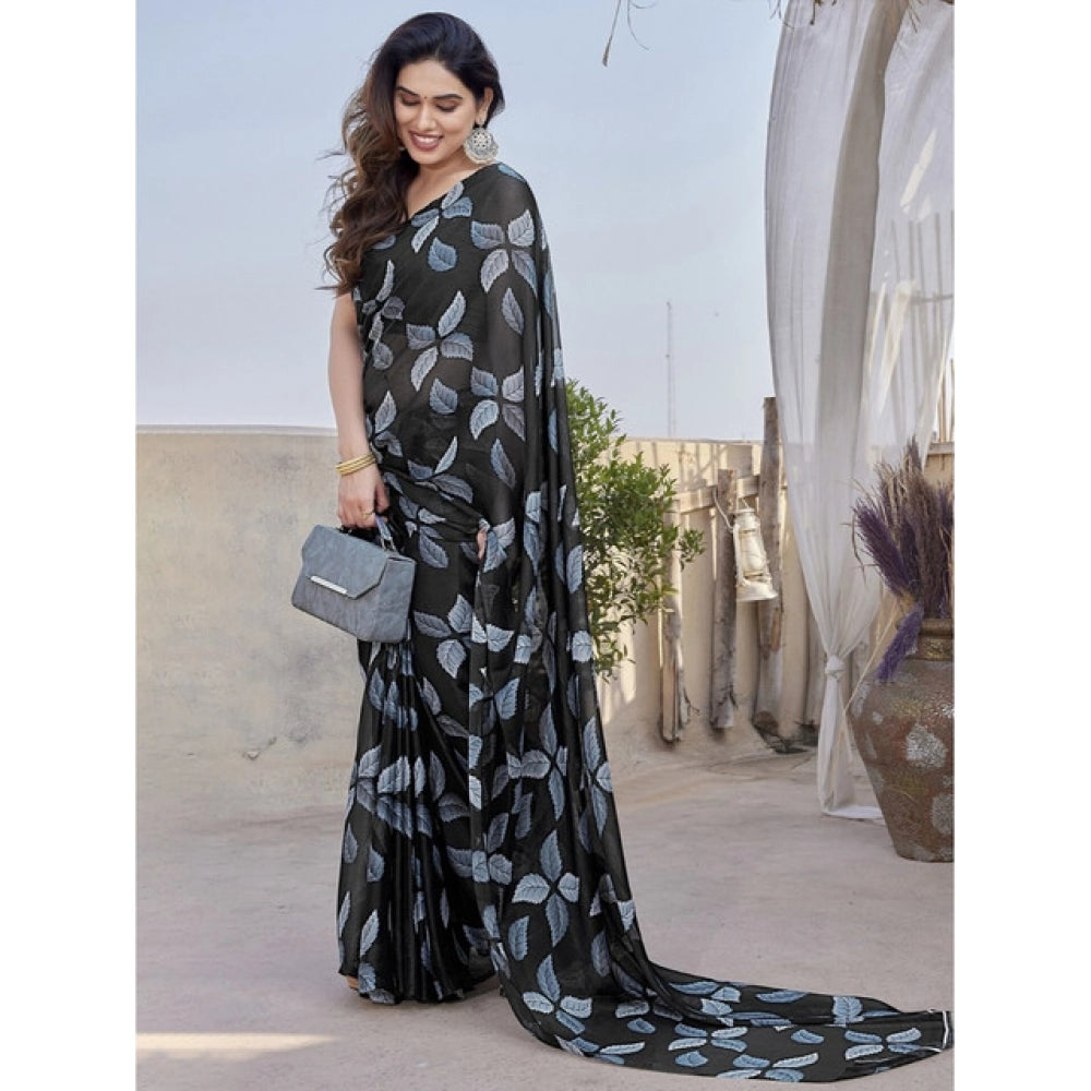 Women's Chiffon Printed Saree With Unstitched Blouse 5.5Mtr  (Black)