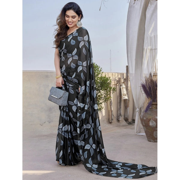 Women's Chiffon Printed Saree With Unstitched Blouse 5.5Mtr  (Black)