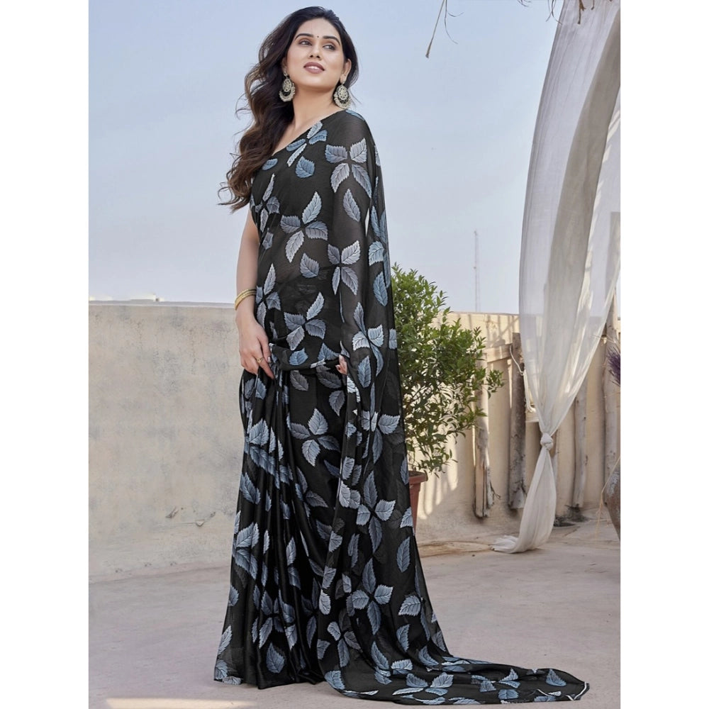 Women's Chiffon Printed Saree With Unstitched Blouse 5.5Mtr  (Black)