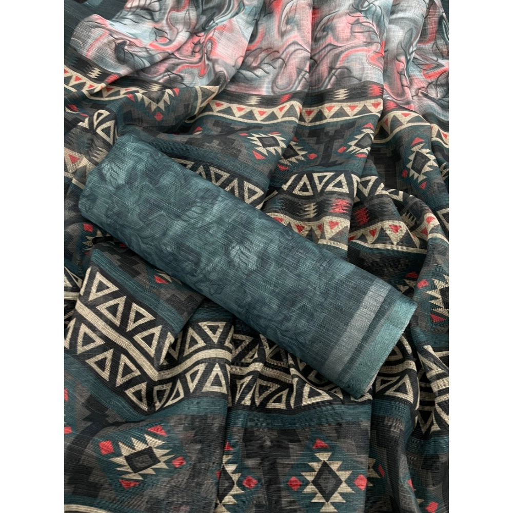 Women's Linen Cotton  Printed Saree With Unstitched Blouse 5.5Mtr  (Blue)