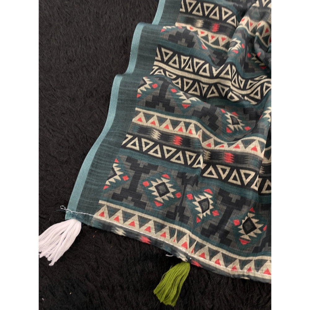 Women's Linen Cotton  Printed Saree With Unstitched Blouse 5.5Mtr  (Blue)