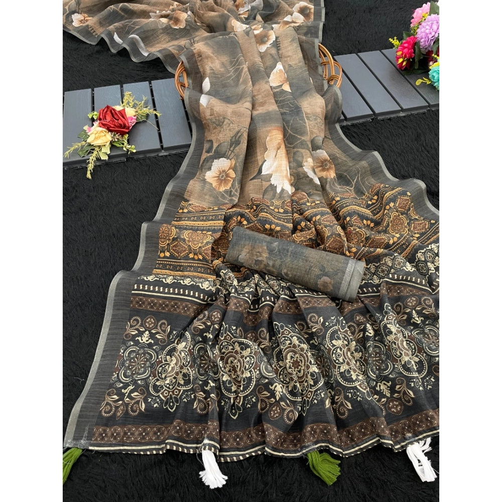 Women's Linen Cotton  Printed Saree With Unstitched Blouse 5.5Mtr  (Beige)
